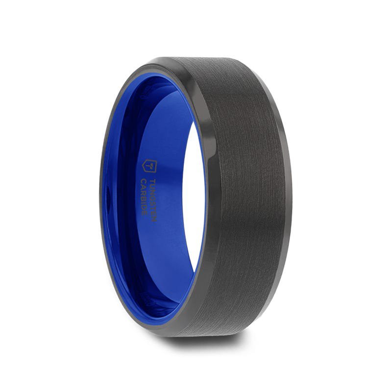 Thorsten RIGEL Flat Beveled Edges Black Tungsten Ring with Brushed Center and Vibrant Blue Ceramic Inside - 6mm & 8mm Thorsten RIGEL Flat Beveled Edges Black Tungsten Ring with Brushed Center and Vibrant Blue Ceramic Inside - 6mm & 8mm