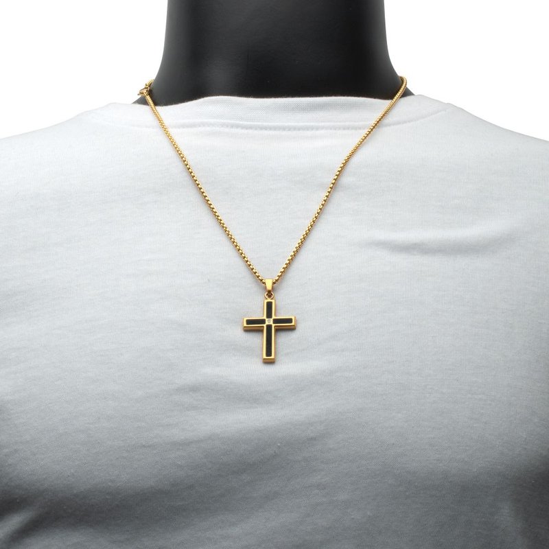 INOX Jewelry 18Kt Gold IP Matte Finish Steel Black Onyx Stone