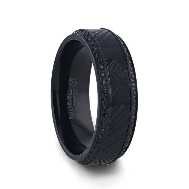Thorsten TROPHY Black Damascus Steel Inlaid Polished Black Titanium Men's Wedding Band With Black Sapphire Beveled Edges Thorsten TROPHY Black Damascus Steel Inlaid Polished Black Titanium Men's Wedding Band With Black Sapphire Beveled Edges