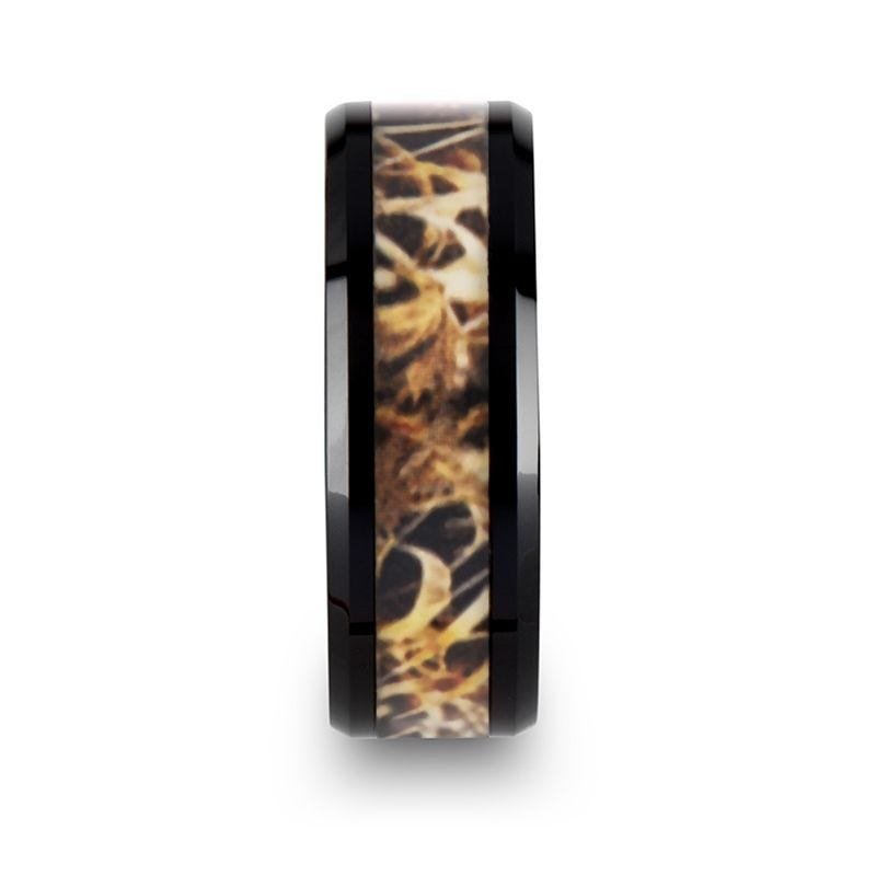 Thorsten TUNDRA Black Ceramic Wedding Band with Leaves Grassland Camo Inlay Ring - 8mm