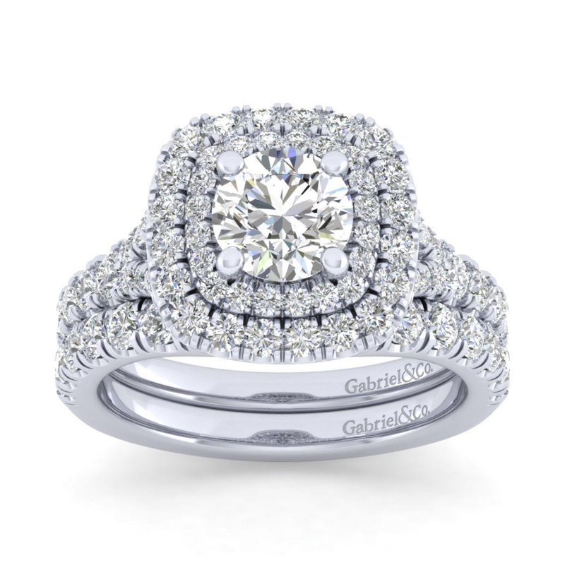 14K White Gold Cushion Double Halo Round Diamond Engagement Ring
