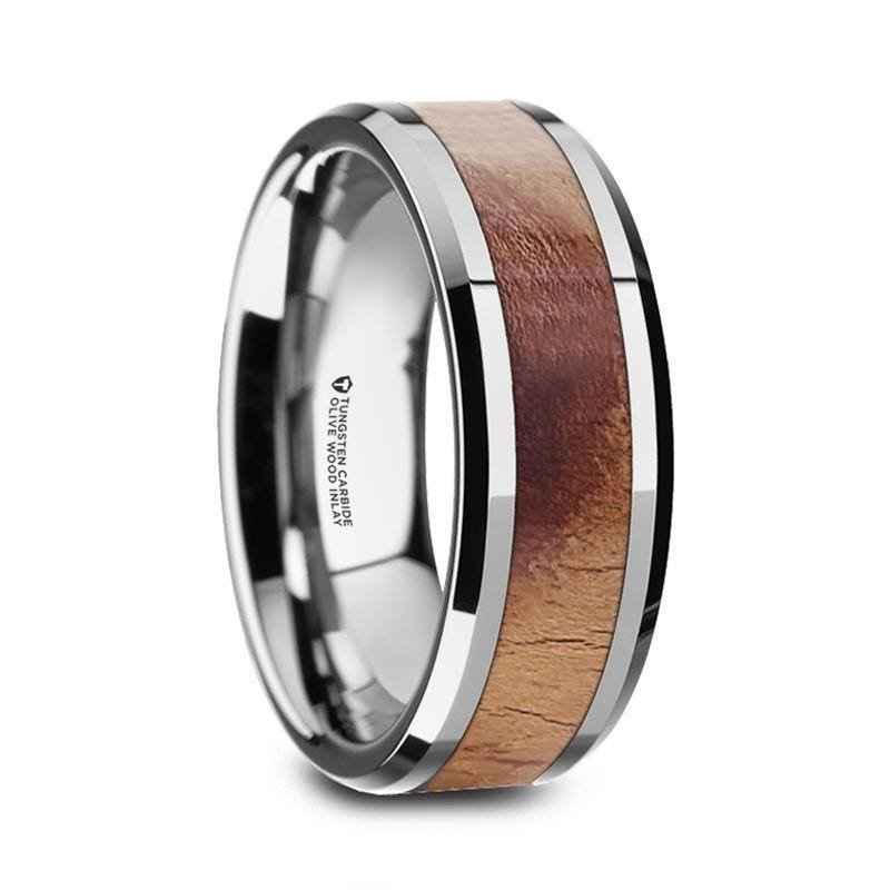 Thorsten OLLIVANDER Olive Wood Inlaid Tungsten Carbide Ring with Bevels - 6mm & 8mm Thorsten OLLIVANDER Olive Wood Inlaid Tungsten Carbide Ring with Bevels - 6mm & 8mm