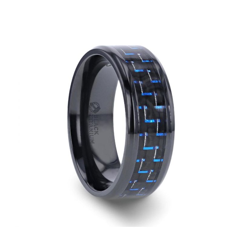 Thorsten ZAYDEN Black Titanium Ring with Blue & Black Carbon Fiber Inlay and Bevels - 8mm