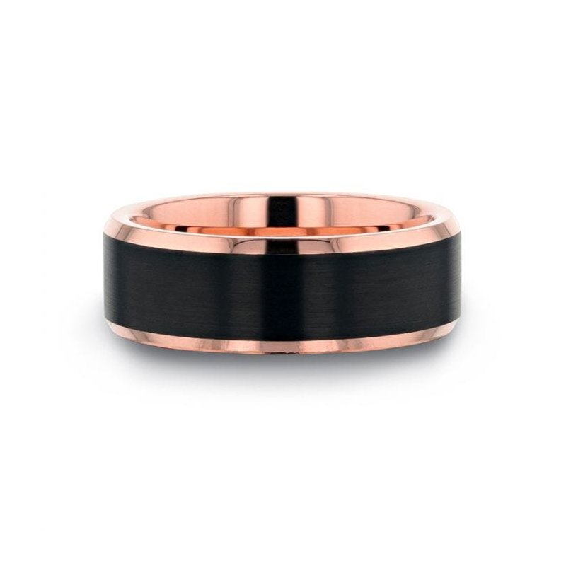 Thorsten HAYDEN Rose Gold Plated Tungsten Polished Beveled Ring with Brushed Black Center - 6mm & 8mm Thorsten HAYDEN Rose Gold Plated Tungsten Polished Beveled Ring with Brushed Black Center - 6mm & 8mm