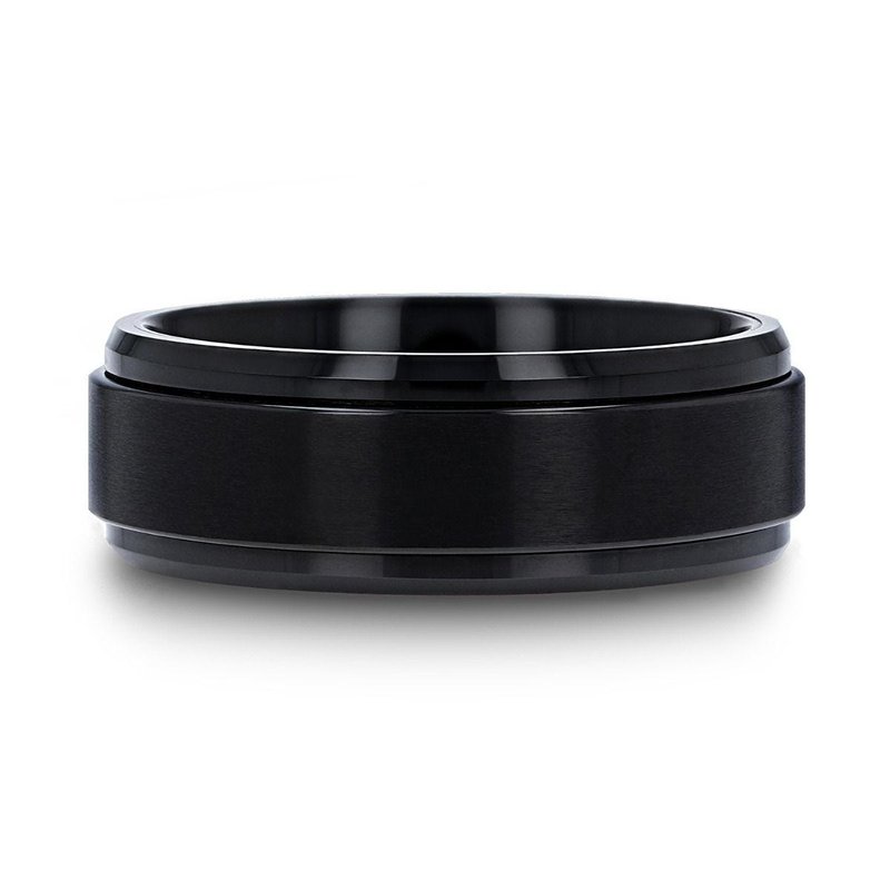 Thorsten REVOLVE Black Tungsten Brushed Finish Spinner Ring Polished Base Spinning Wedding Band - 6mm & 8mm Thorsten REVOLVE Black Tungsten Brushed Finish Spinner Ring Polished Base Spinning Wedding Band - 6mm & 8mm