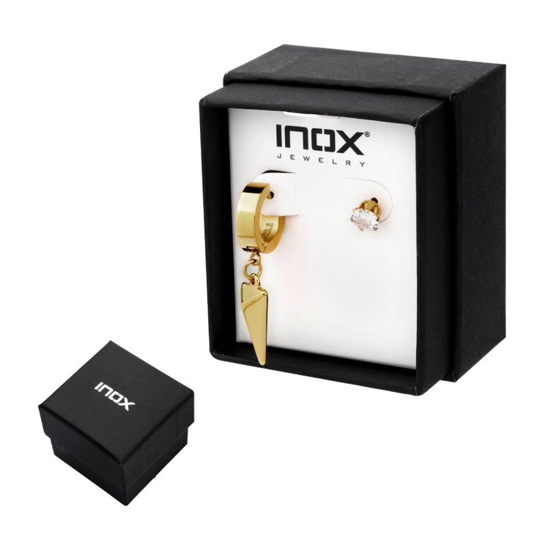 INOX Jewelry Gold IP Dangling Spike Huggie & Prong Set CZ