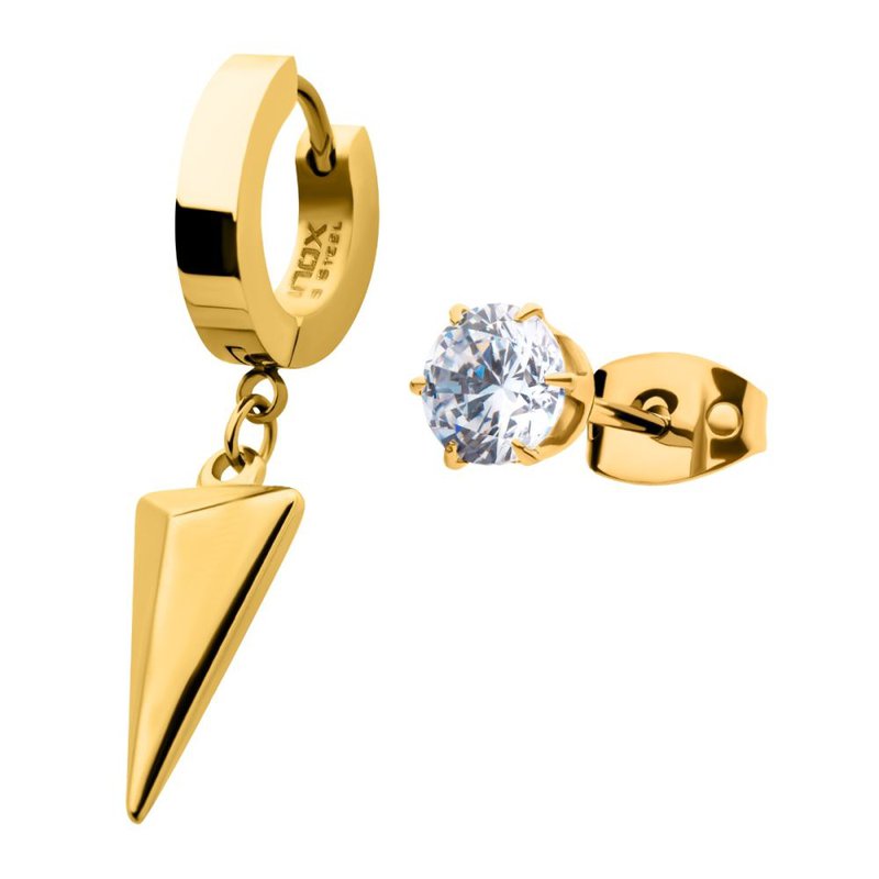 INOX Jewelry Gold IP Dangling Spike Huggie & Prong Set CZ