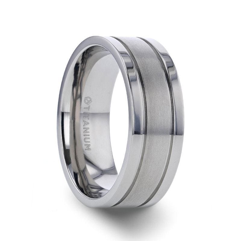 Thorsten MAGNUM Flat Polished Edge Titanium Band with Offset Grooves and Satin Center - 8mm