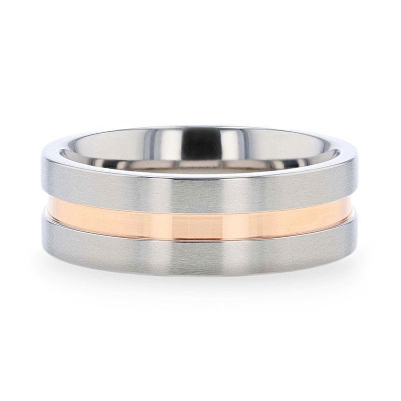 Thorsten MARS Titanium Flat Brushed Finished Men's Wedding Ring With Rose Gold Plated Groove Center - 8mm Thorsten MARS Titanium Flat Brushed Finished Men's Wedding Ring With Rose Gold Plated Groove Center - 8mm