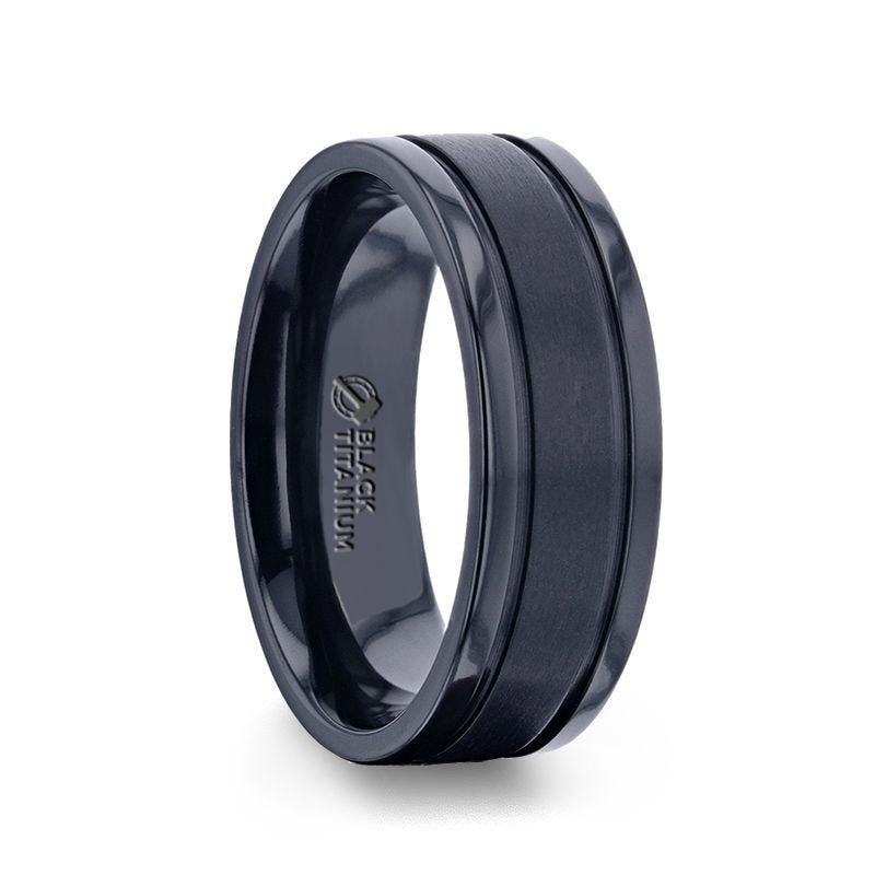Thorsten WOLVERINE Brushed Center Black Titanium Men's Wedding Band With Polished Dual Offset Grooves - 8mm Thorsten WOLVERINE Brushed Center Black Titanium Men's Wedding Band With Polished Dual Offset Grooves - 8mm