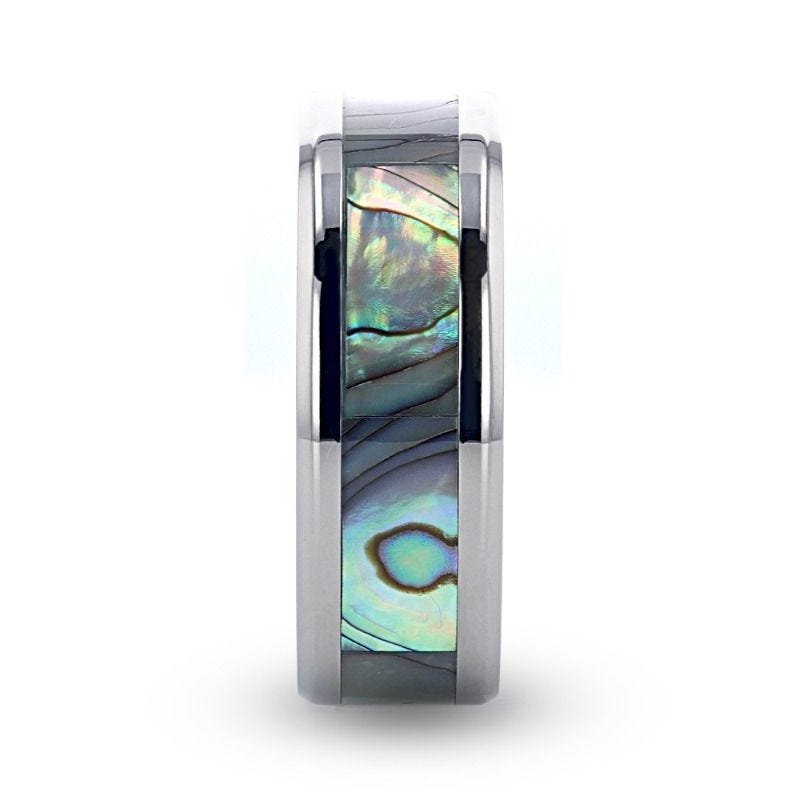 Thorsten KAUI Titanium Polished Finish Mother Of Pearl Inlaid Men’s Beveled Wedding Band - 6mm & 8mm Thorsten KAUI Titanium Polished Finish Mother Of Pearl Inlaid Men’s Beveled Wedding Band - 6mm & 8mm