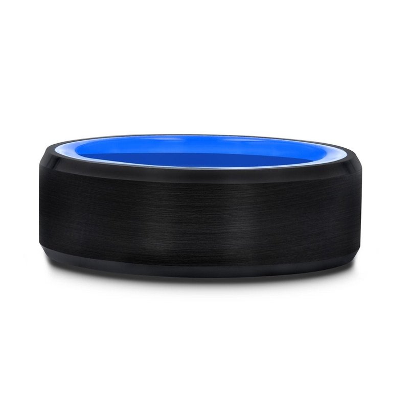 Thorsten RIGEL Flat Beveled Edges Black Tungsten Ring with Brushed Center and Vibrant Blue Ceramic Inside - 6mm & 8mm Thorsten RIGEL Flat Beveled Edges Black Tungsten Ring with Brushed Center and Vibrant Blue Ceramic Inside - 6mm & 8mm