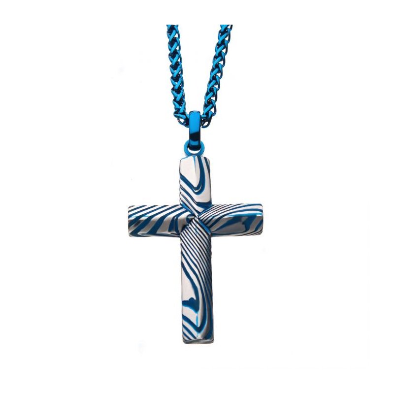 INOX Jewelry Blue IP Damascus Steel Cross Pendant SSPDMS0541BNK1