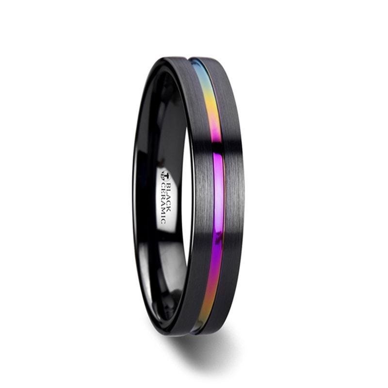 Thorsten AZURE Flat Black Ceramic Ring Brushed with Rainbow Groove - 4mm 6mm or 8mm Thorsten AZURE Flat Black Ceramic Ring Brushed with Rainbow Groove - 4mm 6mm or 8mm