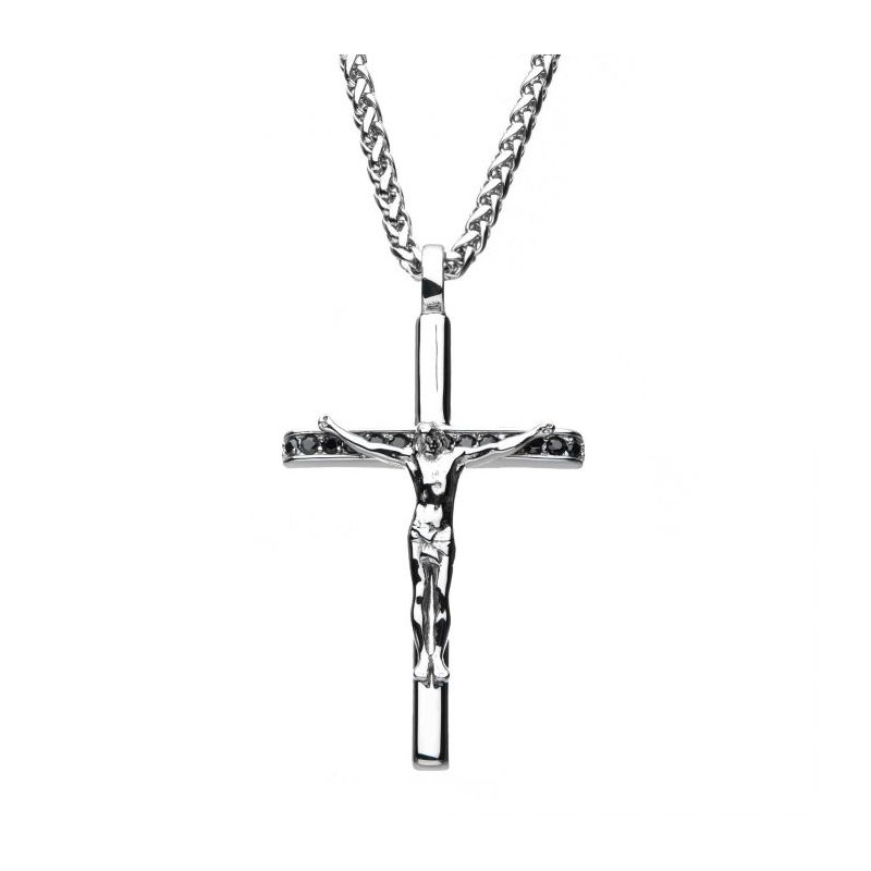 Stainless Steel with Black CZ Jesus Christ Crucifix Cross Pendant with  Wheat Chain