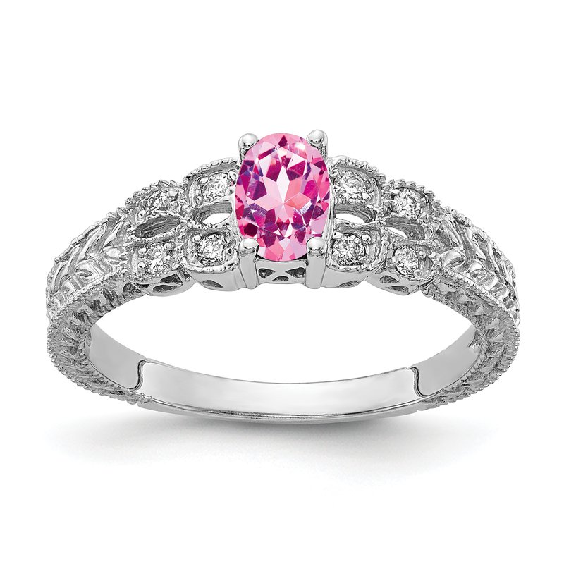 14k White Gold 6x4mm Oval Genuine Pink Sapphire And AA Diamond Ring