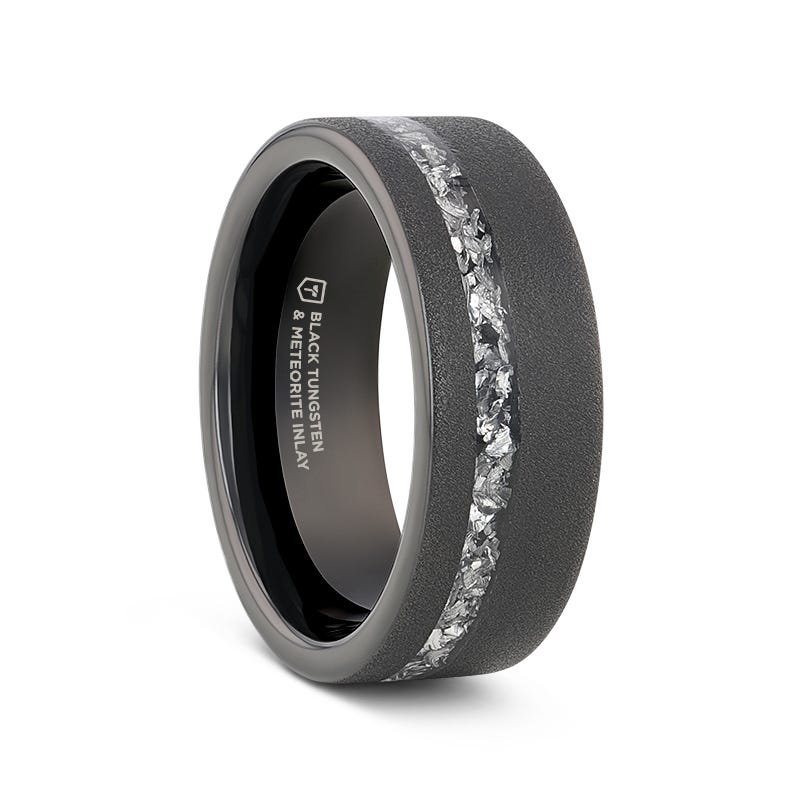 Thorsten ABYSS Sandblasted Black Tungsten Ring with Meteorite Fragments Inlay - 8mm Thorsten ABYSS Sandblasted Black Tungsten Ring with Meteorite Fragments Inlay - 8mm