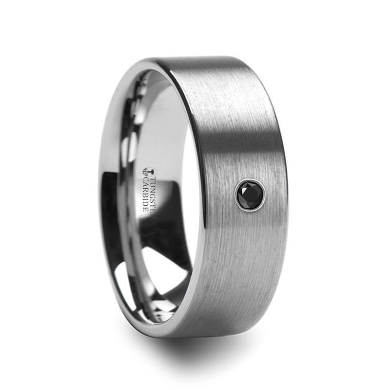 Thorsten IRENAEUS Flat Brushed Tungsten Men’s Wedding Ring with Black Diamond - 6mm & 8mm Thorsten IRENAEUS Flat Brushed Tungsten Men’s Wedding Ring with Black Diamond - 6mm & 8mm