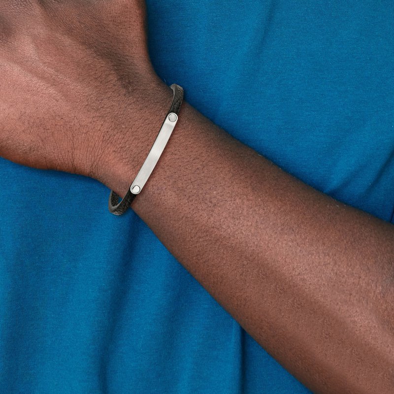 Stainless Steel Brushed Black Leather 8.25 inch ID Bracelet Stainless Steel Brushed Black Leather 8.25 inch ID Bracelet
