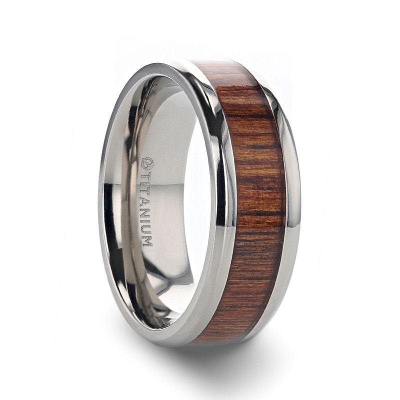 Thorsten KOAN Titanium Polished Finish Koa Wood Inlaid Men’s Wedding Ring with Beveled Edges - 6mm & 8mm Thorsten KOAN Titanium Polished Finish Koa Wood Inlaid Men’s Wedding Ring with Beveled Edges - 6mm & 8mm