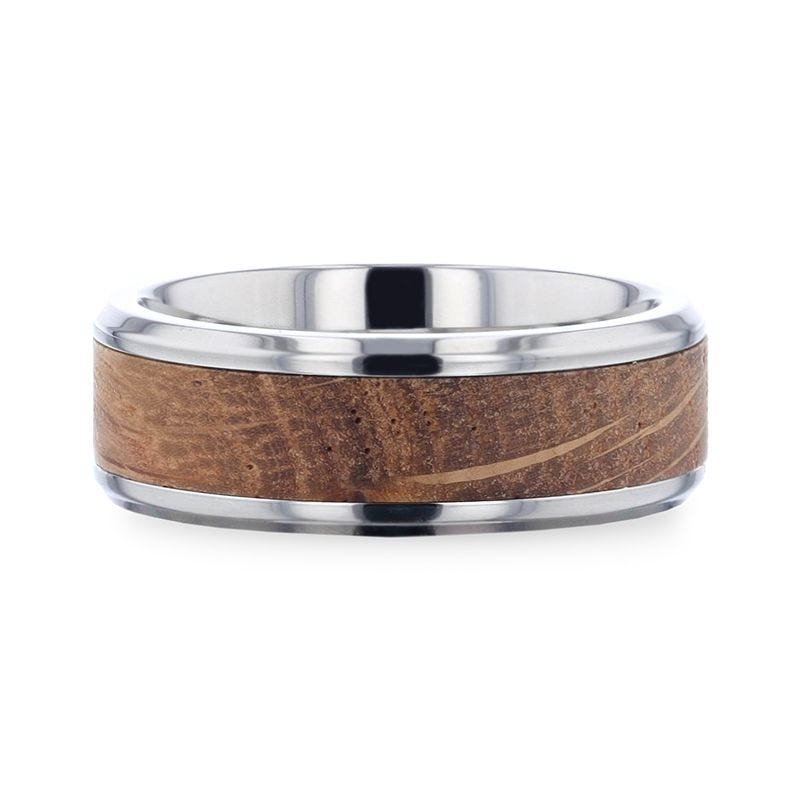 Thorsten CASK Whiskey Barrel Wood Inlaid Titanium Men's Wedding Band With Beveled Polished Edges Made From Genuine Whiskey Barrels - 8mm Thorsten CASK Whiskey Barrel Wood Inlaid Titanium Men's Wedding Band With Beveled Polished Edges Made From Genuine Whiskey Barrels - 8mm