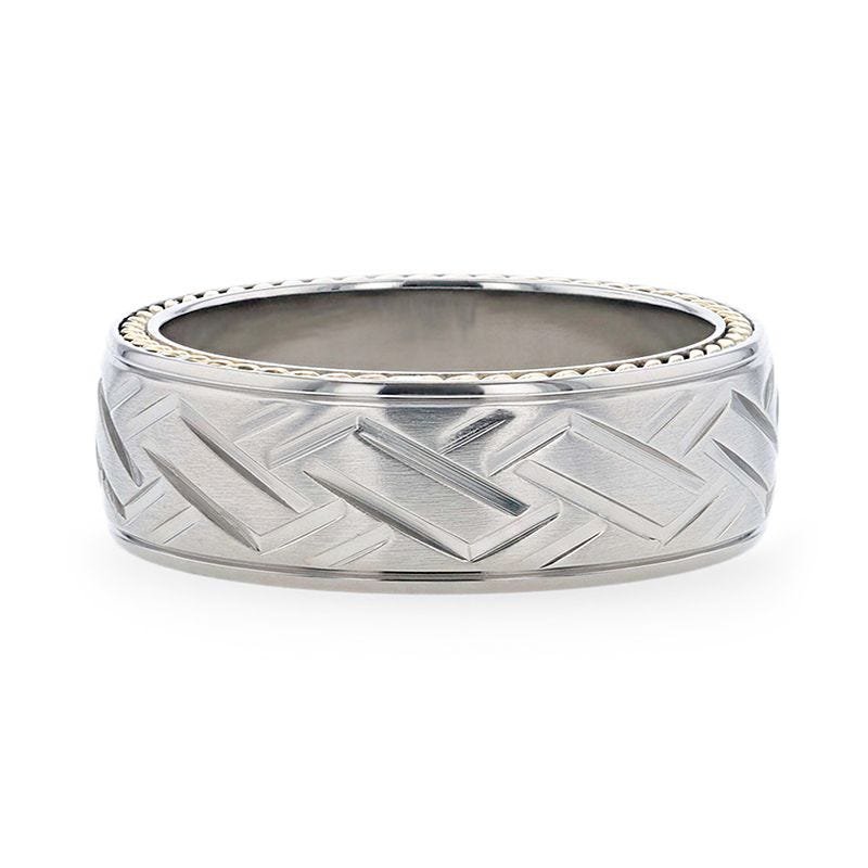 Thorsten SATURN Woven Pattern Domed Titanium Men's Wedding Ring With Yellow Gold Braided Edges - 8mm Thorsten SATURN Woven Pattern Domed Titanium Men's Wedding Ring With Yellow Gold Braided Edges - 8mm