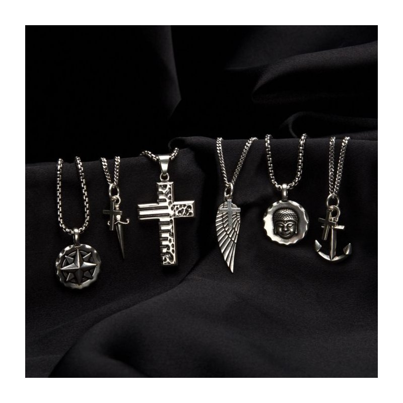 INOX Jewelry 925 Silver Oxidized Anchor & Cross Duo Pendant
