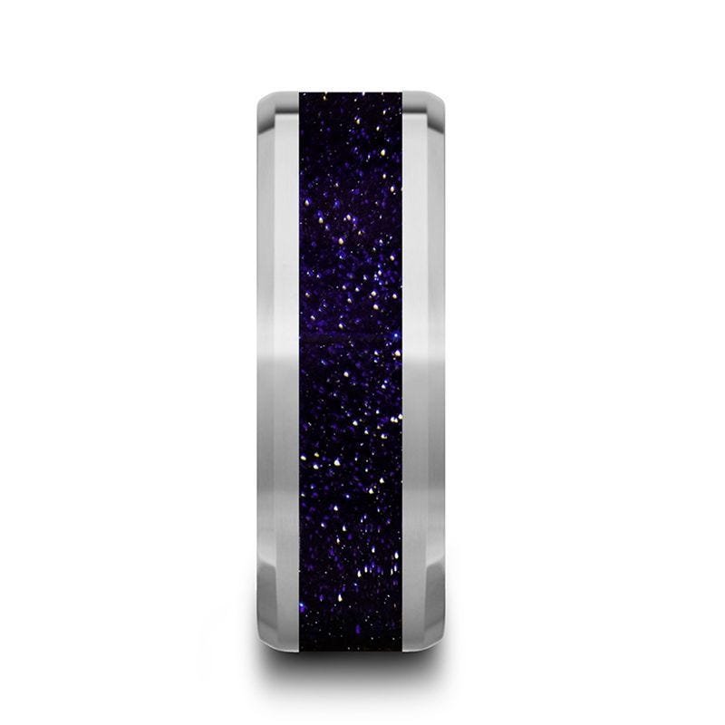 Thorsten MAKI Beveled Polished Finish Tungsten Wedding Ring with Purple Goldstone Inlay - 8mm Thorsten MAKI Beveled Polished Finish Tungsten Wedding Ring with Purple Goldstone Inlay - 8mm