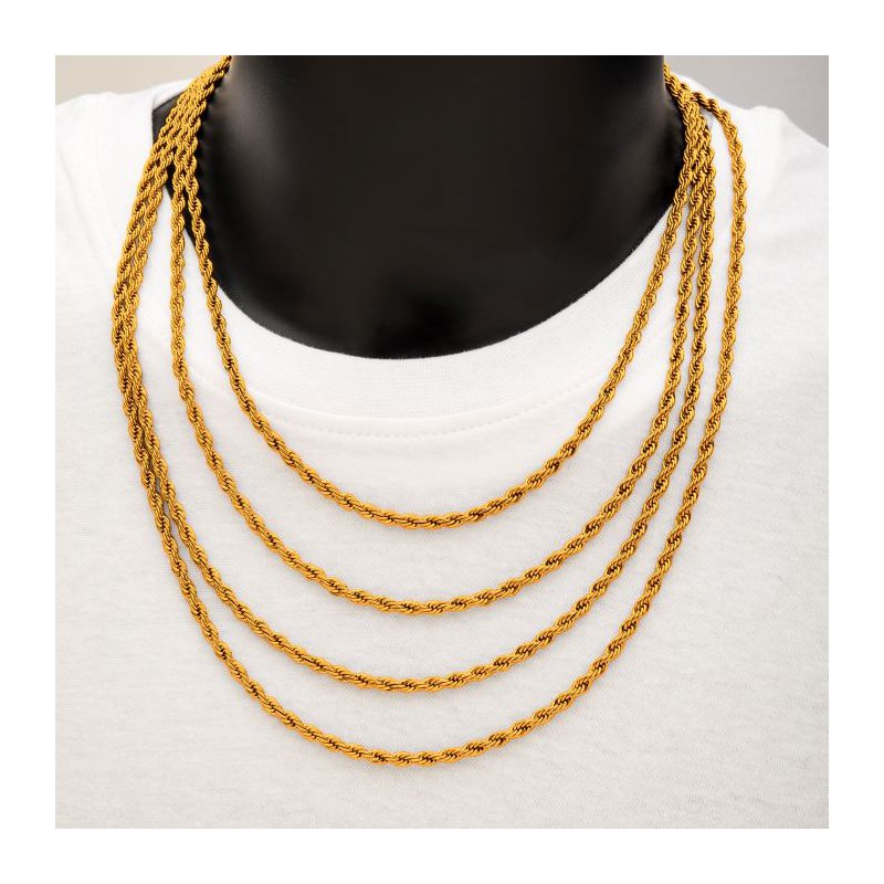 INOX Jewelry 4mm 18Kt Gold IP Rope Chain Necklace NSTC0304G