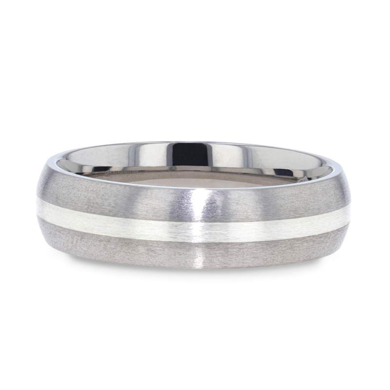 Thorsten REN Sterling Silver Inlay Titanium Wedding Band with Domed Brushed finished Edges - 6mm & 8mm Thorsten REN Sterling Silver Inlay Titanium Wedding Band with Domed Brushed finished Edges - 6mm & 8mm
