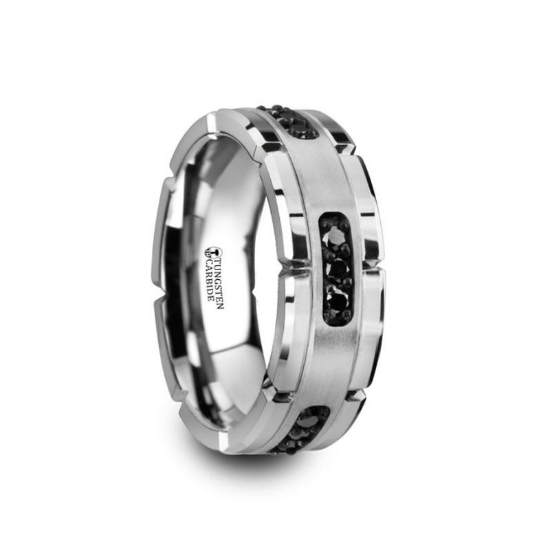 Thorsten VALOR Grooved Tungsten Ring with Silver Inlay & Black Diamonds - 8mm Band Thorsten VALOR Grooved Tungsten Ring with Silver Inlay & Black Diamonds - 8mm Band