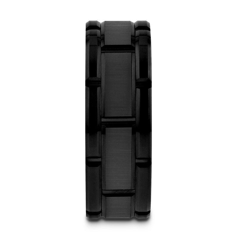 Thorsten WINDSOR Beveled Black Tungsten Carbide Wedding Band with Brush Finished Center and Alternating Grooves - 8mm or 10mm Thorsten WINDSOR Beveled Black Tungsten Carbide Wedding Band with Brush Finished Center and Alternating Grooves - 8mm or 10mm