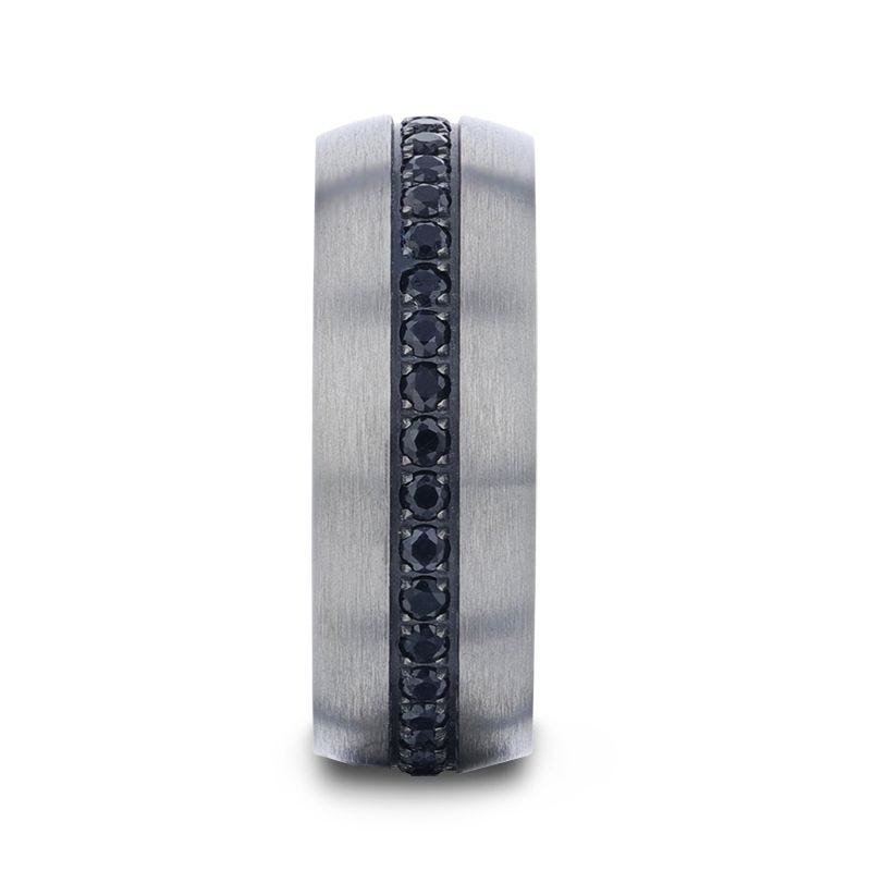 Thorsten AVIATOR Domed Brushed Titanium Men's Wedding Band with Black Sapphire Stones Inlay - 8mm Thorsten AVIATOR Domed Brushed Titanium Men's Wedding Band with Black Sapphire Stones Inlay - 8mm