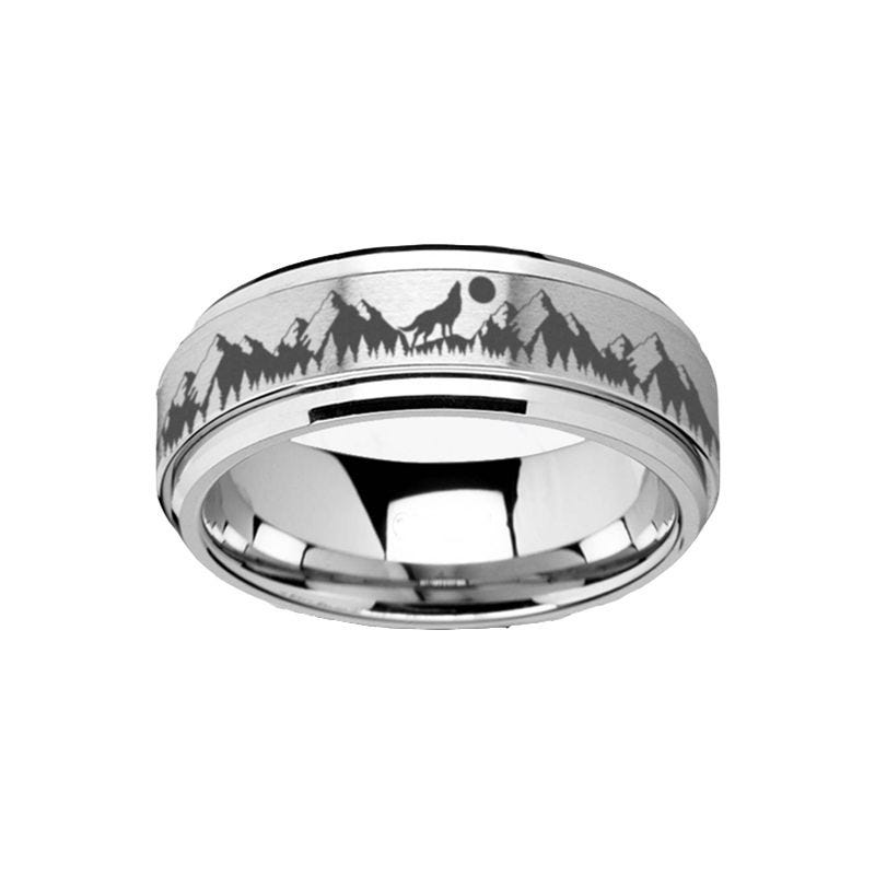 Thorsten Rings Spinning Engraved Mountain Wolf Moon Tungsten
