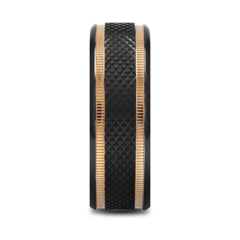 Thorsten BAROQUE Black Titanium Diamond Pattern Brushed Finish Men’s Wedding Ring with Gold Milgrain Grooves – 8mm Thorsten BAROQUE Black Titanium Diamond Pattern Brushed Finish Men’s Wedding Ring with Gold Milgrain Grooves – 8mm