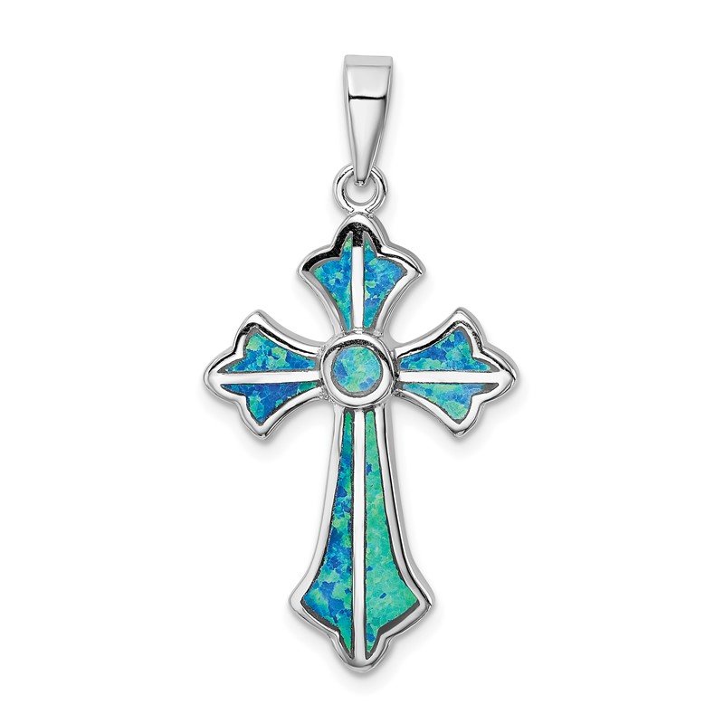 Sterling Silver Blue Inlay Created Opal Cross Pendant Sterling Silver Blue Inlay Created Opal Cross Pendant