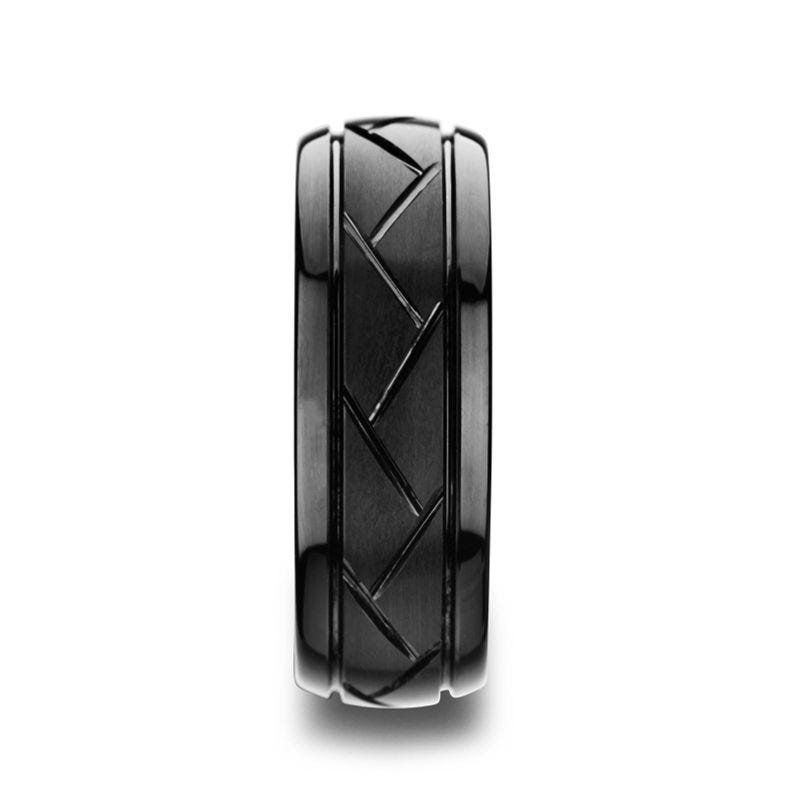 Thorsten ENIGMA Domed Black Tungsten Ring with Brushed Cross Alternating Diagonal Cuts Pattern - 8mm Thorsten ENIGMA Domed Black Tungsten Ring with Brushed Cross Alternating Diagonal Cuts Pattern - 8mm