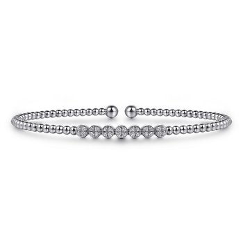 14K White Gold Bujukan Bead Cuff Bracelet with Cluster Diamond Stations BG4116-62W45JJ