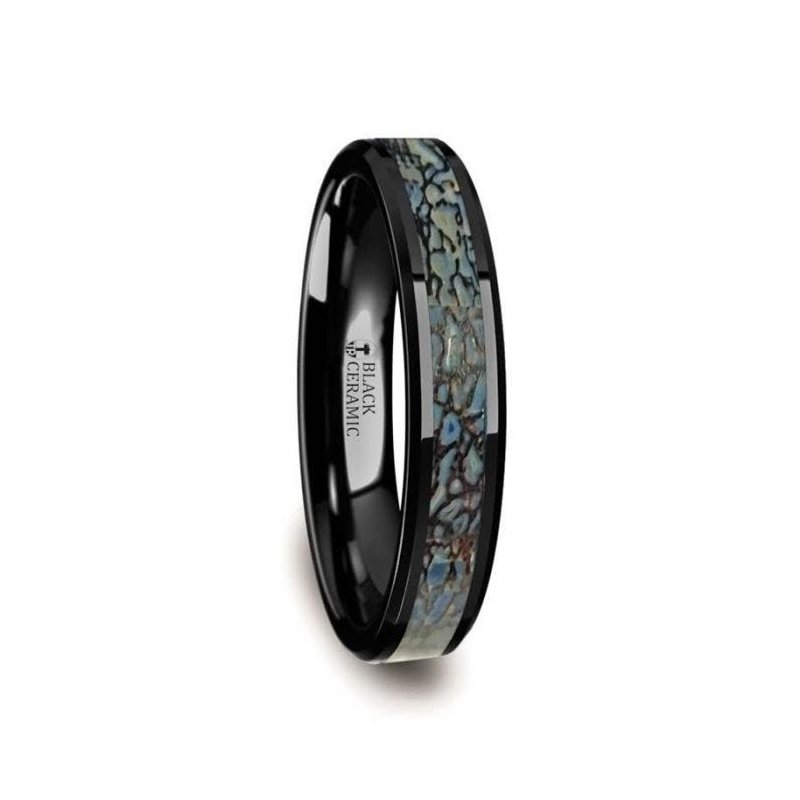 Thorsten PERMIAN Blue Dinosaur Bone Inlaid Black Ceramic Beveled Edged Ring - 4mm or 8mm Thorsten PERMIAN Blue Dinosaur Bone Inlaid Black Ceramic Beveled Edged Ring - 4mm or 8mm