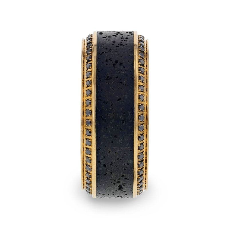 Thorsten HYPERION Lava Inlaid 10K Yellow Gold Wedding Ring Polished Beveled Edges Set with Round Black Diamonds - 10mm