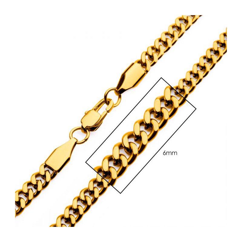 INOX Jewelry 6mm 18Kt Gold IP Diamond Cut Curb Chain