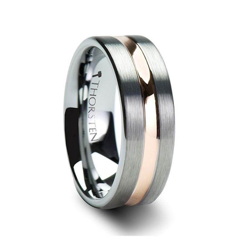 Thorsten ZEUS Flat Brushed Finish Tungsten Carbide Ring with Rose Gold Plated Groove - 4mm - 10mm Thorsten ZEUS Flat Brushed Finish Tungsten Carbide Ring with Rose Gold Plated Groove - 4mm - 10mm