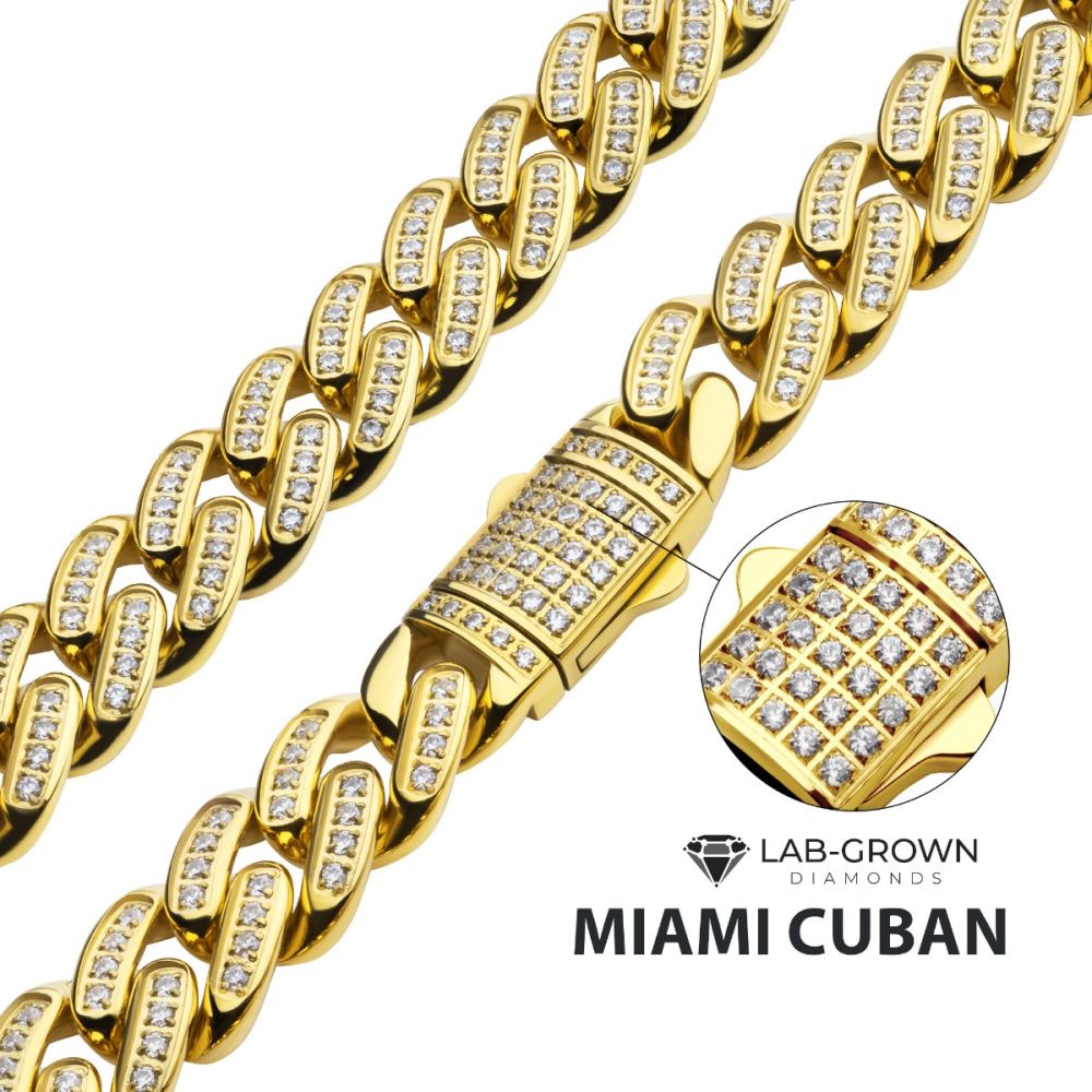 INOX Jewelry 12mm 18Kt Gold IP Miami Cuban Chain Necklace with CNC