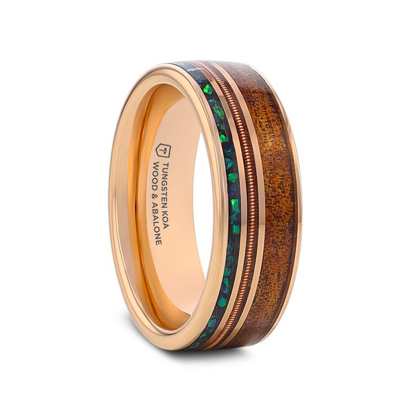 Thorsten MOANA Smoked Rose Gold Tungsten Ring with Hawaiian Koa Wood Abalone & Guitar String - 8mm Thorsten MOANA Smoked Rose Gold Tungsten Ring with Hawaiian Koa Wood Abalone & Guitar String - 8mm