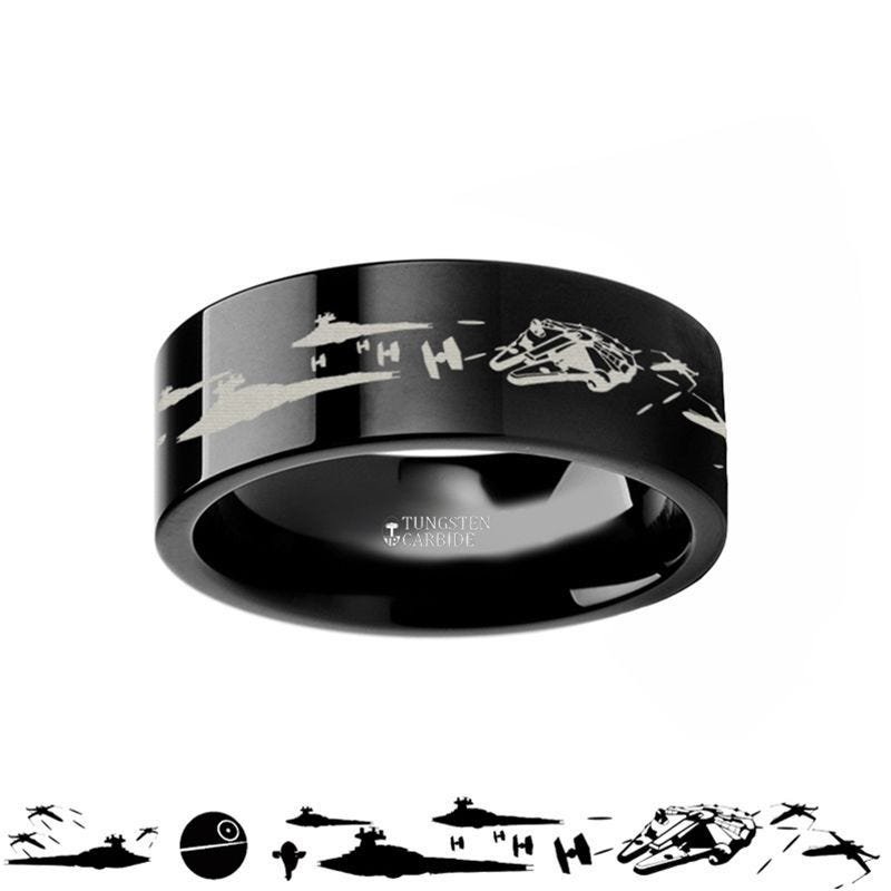 Star Wars A New Hope Death Star Space Battle Black Tungsten Ring Episode IV - 4mm - 12mm Star Wars A New Hope Death Star Space Battle Black Tungsten Ring Episode IV - 4mm - 12mm