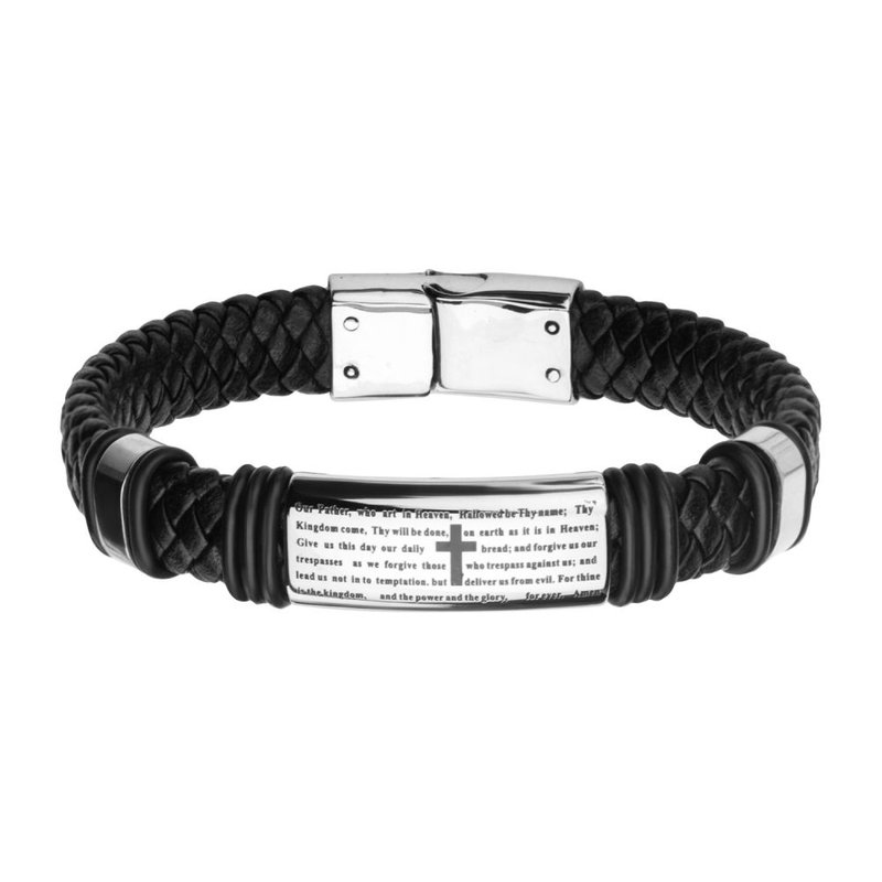 INOX Jewelry Black Braided Leather with Lord's Prayer ID Steel