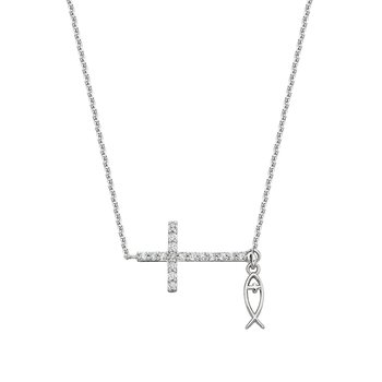 Wht Topaz Cross and Ichthys Necklace ASPSSG1106WT