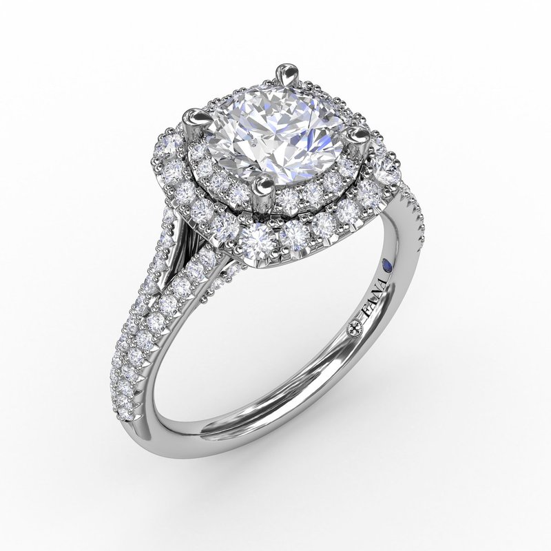Cushion-Shaped Double Halo Pavé Diamond Engagement Ring with Split