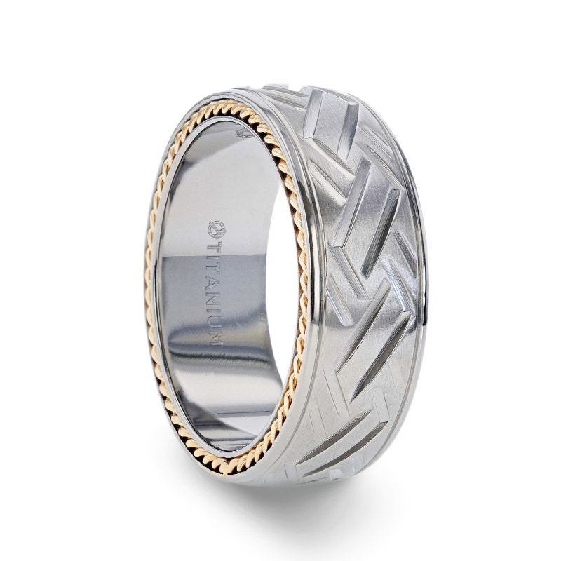 Thorsten SATURN Woven Pattern Domed Titanium Men's Wedding Ring With Yellow Gold Braided Edges - 8mm Thorsten SATURN Woven Pattern Domed Titanium Men's Wedding Ring With Yellow Gold Braided Edges - 8mm