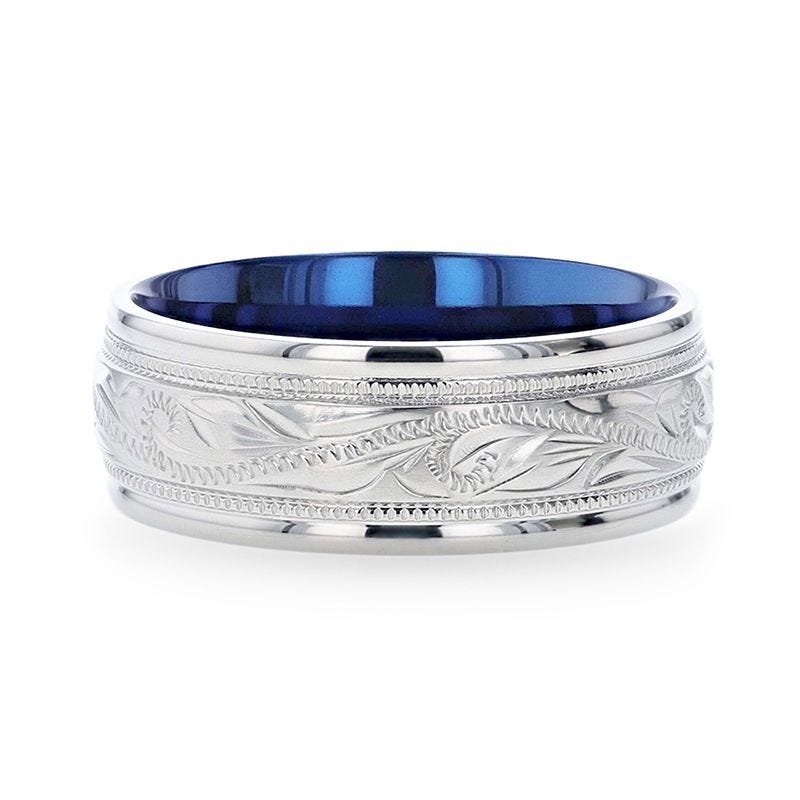 Thorsten MARINER Titanium Milgrain Engraved Finish Men's Wedding Ring with Blue Plating Inside- 8mm Thorsten MARINER Titanium Milgrain Engraved Finish Men's Wedding Ring with Blue Plating Inside- 8mm
